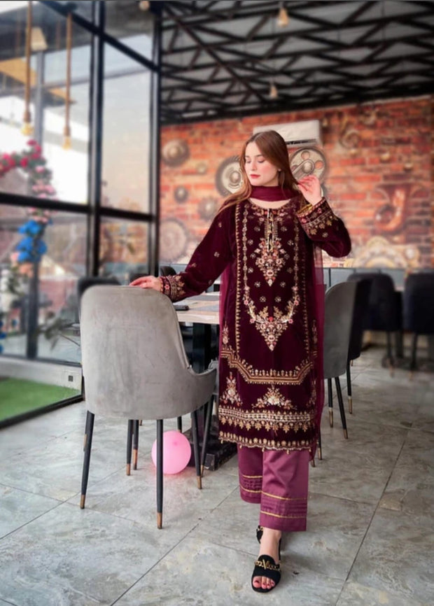 3Pcs Stitched Velvet Dress For Winter