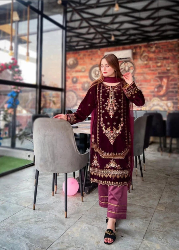 3Pcs Stitched Velvet Dress For Winter