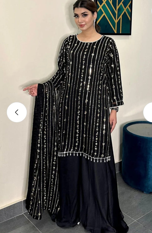 Frond And Back Both Side Heavy Sequence With Pearls Work On Shirt And Tassels,Lace Work On Sleeves,Shirt Border And Neck With Emb Dupatta 3Pcs