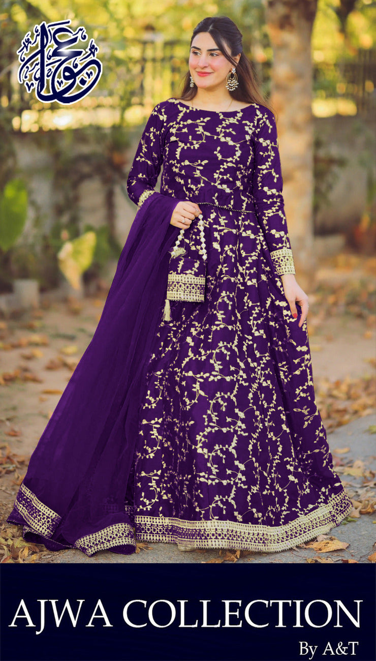 4 Piece Front Embroidered Top With Long Flare Embroidery Skirt And Four Side Border Embroidered Dupatta With Eidi Potli