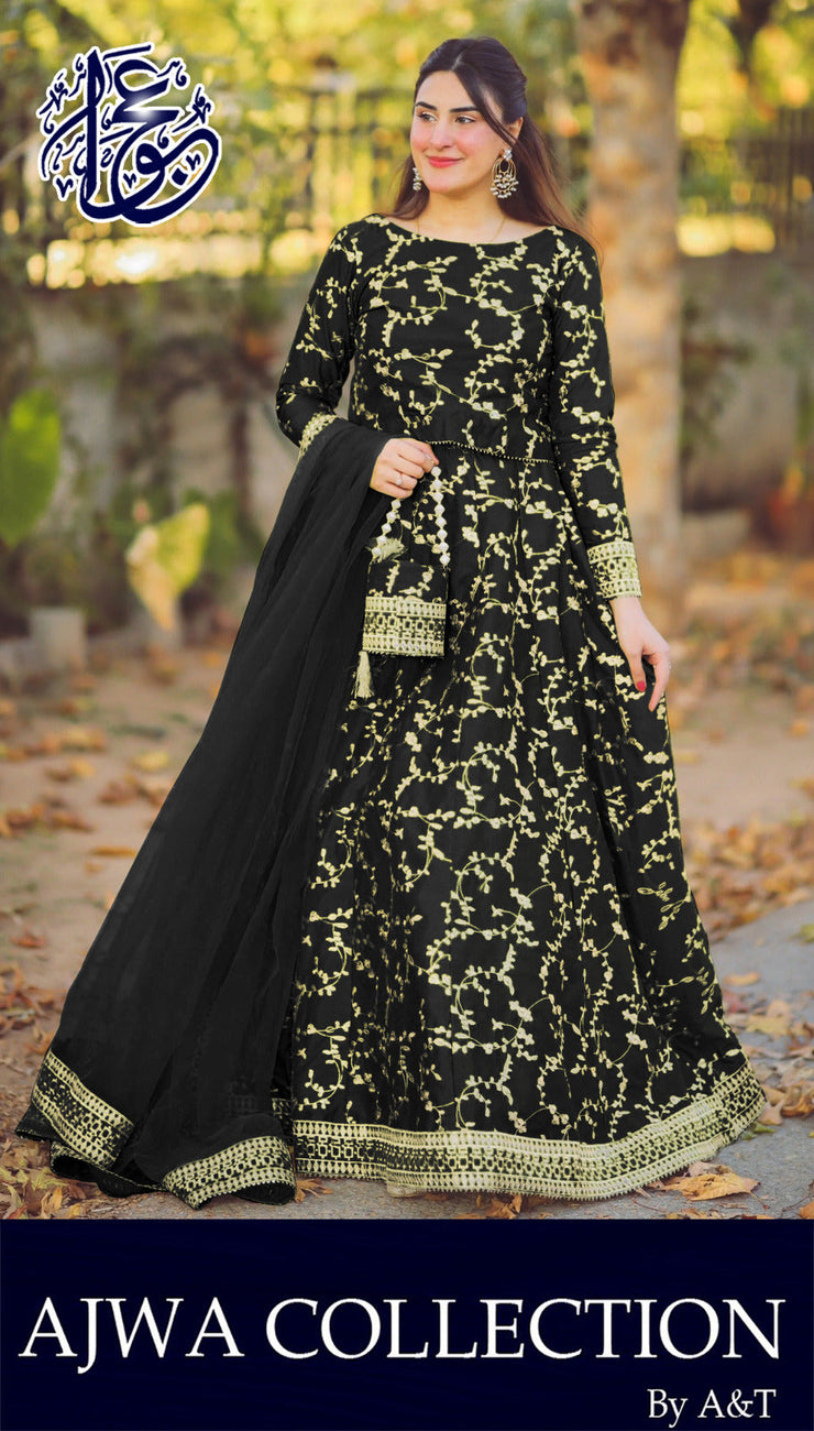4 Piece Front Embroidered Top With Long Flare Embroidery Skirt And Four Side Border Embroidered Dupatta With Eidi Potli