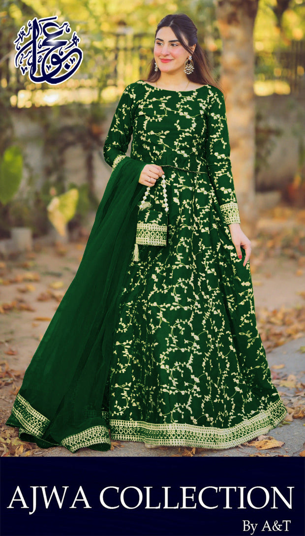 4 Piece Front Embroidered Top With Long Flare Embroidery Skirt And Four Side Border Embroidered Dupatta With Eidi Potli