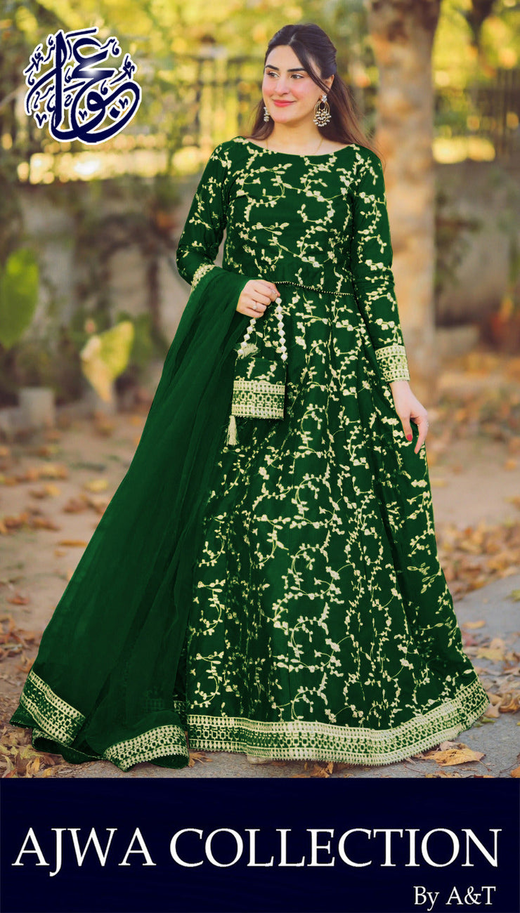 4 Piece Front Embroidered Top With Long Flare Embroidery Skirt And Four Side Border Embroidered Dupatta With Eidi Potli