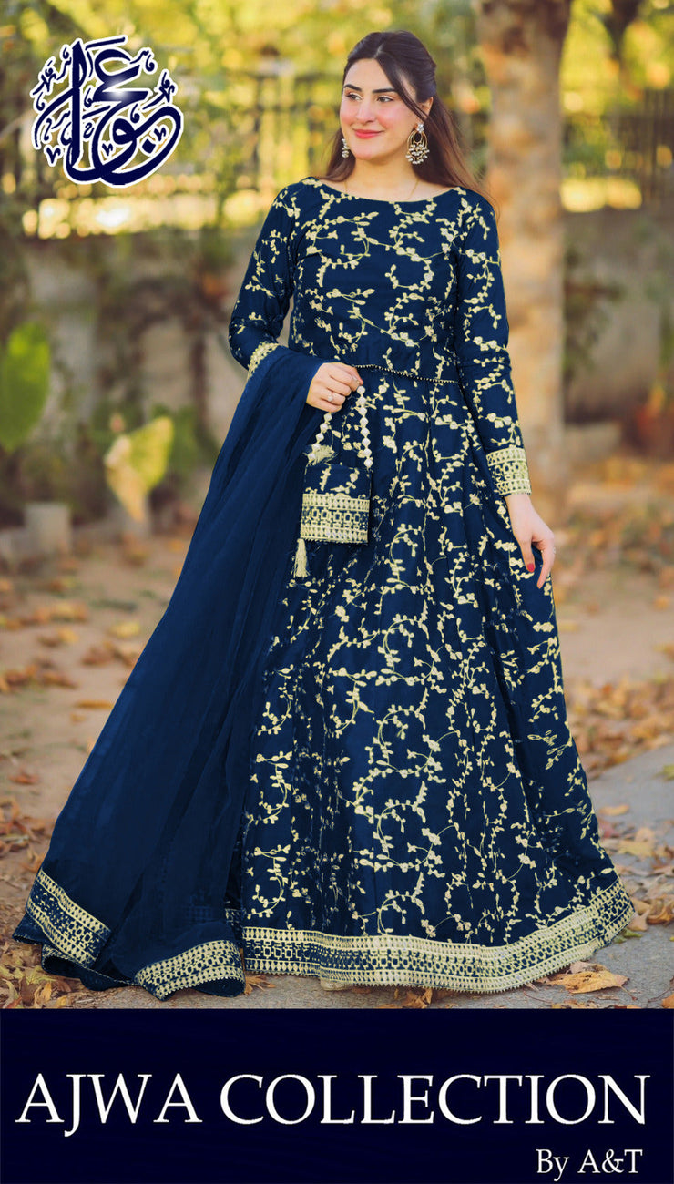 4 Piece Front Embroidered Top With Long Flare Embroidery Skirt And Four Side Border Embroidered Dupatta With Eidi Potli