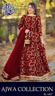 4 Piece Front Embroidered Top With Long Flare Embroidery Skirt And Four Side Border Embroidered Dupatta With Eidi Potli