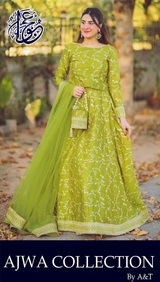 4 Piece Front Embroidered Top With Long Flare Embroidery Skirt And Four Side Border Embroidered Dupatta With Eidi Potli