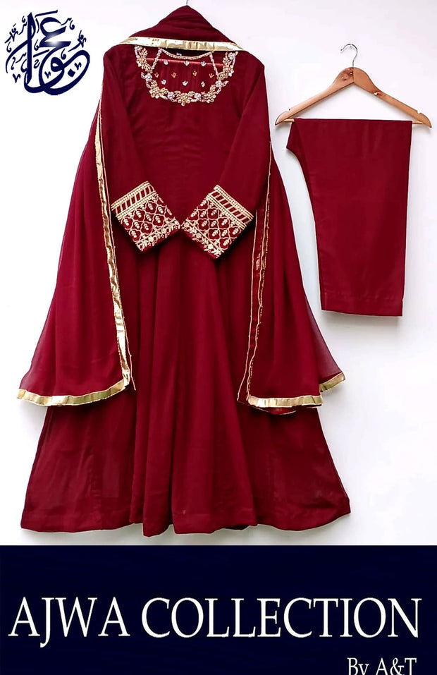 3Pcs Handwork And Embroidery On Neck, Sleeves Maxi With Lace Work Dupatta And Trouser