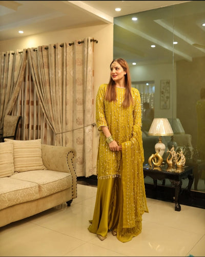 Front And Back Both Side Heavy Sequence With Pearls Work On Shirt And Tassels,Lace Work On Sleeves,Shirt Border And Neck With Emb Dupatta 3Pcs