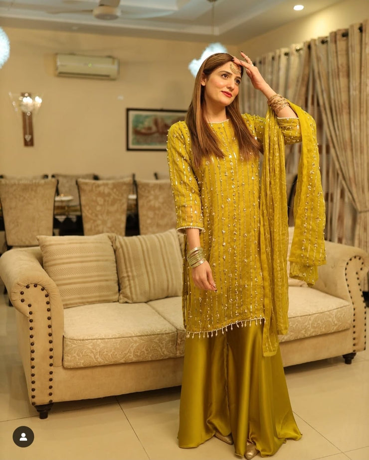 Front And Back Both Side Heavy Sequence With Pearls Work On Shirt And Tassels,Lace Work On Sleeves,Shirt Border And Neck With Emb Dupatta 3Pcs