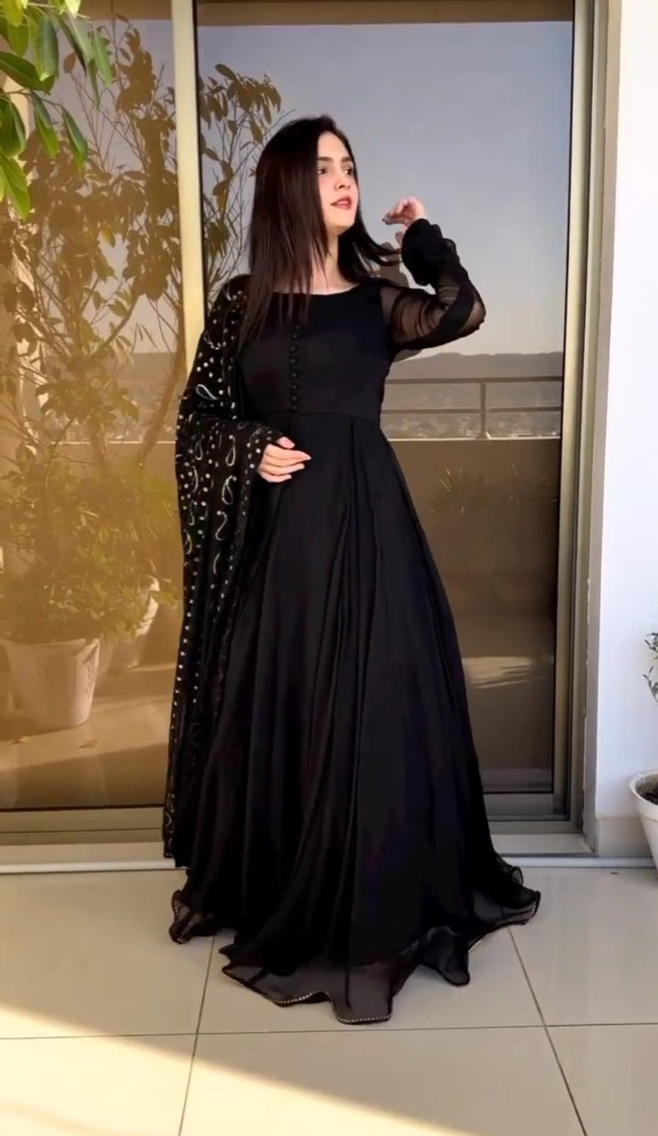 All over Fully Embroidered Dupatta, With Handmade Button Kalli Work Long Flare Maxi 3Pcs