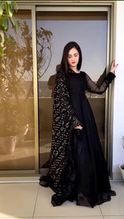 All over Fully Embroidered Dupatta, With Handmade Button Kalli Work Long Flare Maxi 3Pcs