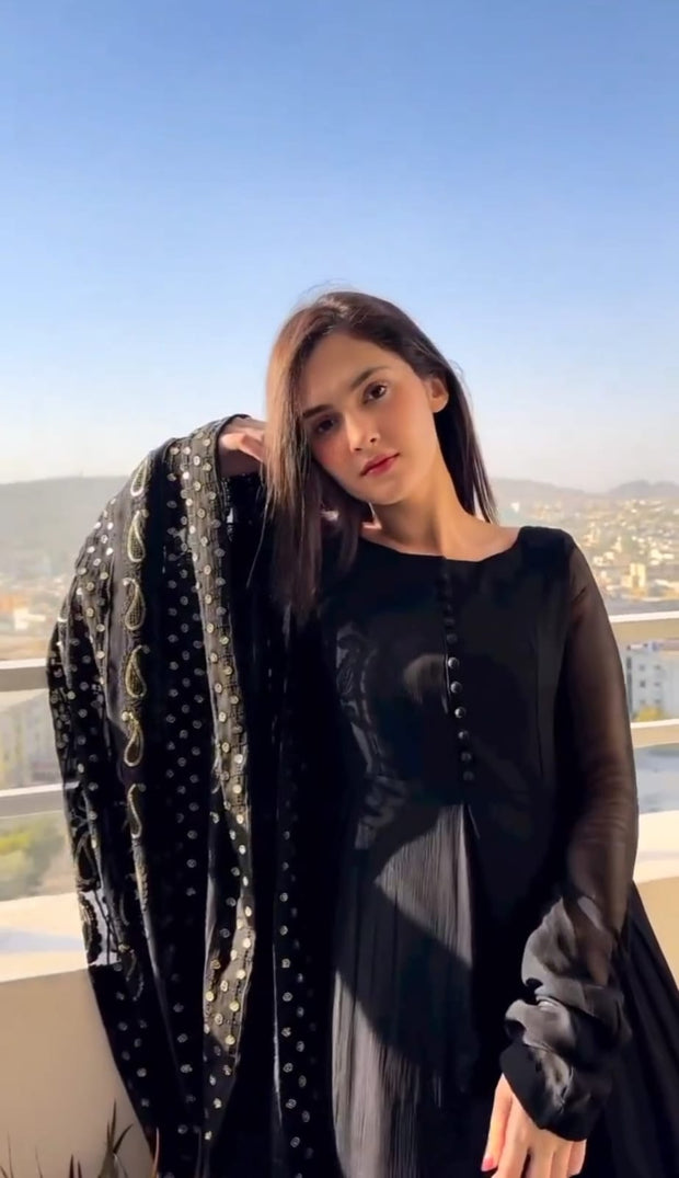 All over Fully Embroidered Dupatta, With Handmade Button Kalli Work Long Flare Maxi 3Pcs