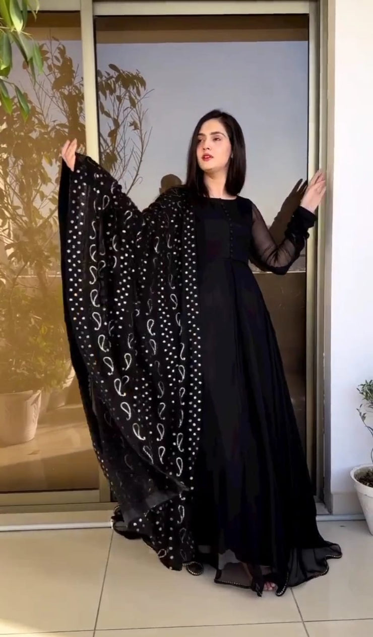 All over Fully Embroidered Dupatta, With Handmade Button Kalli Work Long Flare Maxi 3Pcs