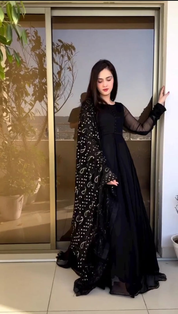 All over Fully Embroidered Dupatta, With Handmade Button Kalli Work Long Flare Maxi 3Pcs