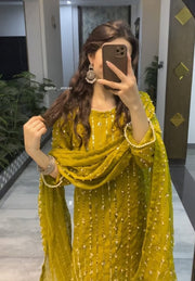 Frond And Back Both Side Heavy Sequence With Pearls Work On Shirt And Tassels,Lace Work On Sleeves,Shirt Border And Neck With Emb Dupatta 3Pcs