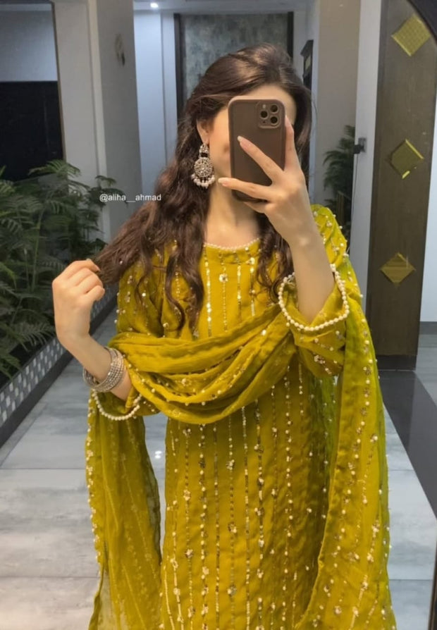 Frond And Back Both Side Heavy Sequence With Pearls Work On Shirt And Tassels,Lace Work On Sleeves,Shirt Border And Neck With Emb Dupatta 3Pcs