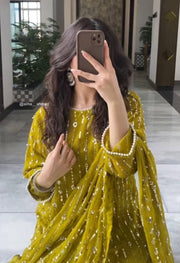 Frond And Back Both Side Heavy Sequence With Pearls Work On Shirt And Tassels,Lace Work On Sleeves,Shirt Border And Neck With Emb Dupatta 3Pcs